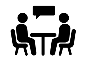 Illustration of people sitting at a table and talking